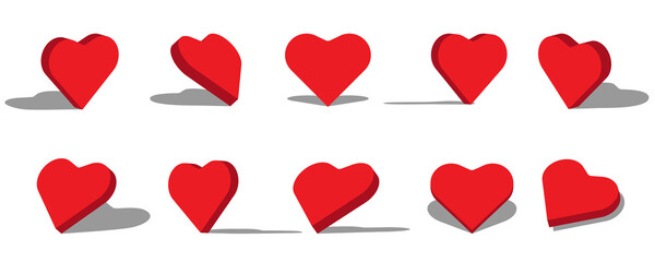 Red heart 3d icon illustration with different views and angles