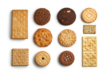 Different types of sweet cookies on white background. Variety of different kinds of sweet biscuits. - 467329203