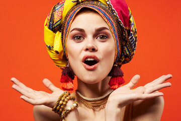 beautiful woman ethnicity multicolored headscarf makeup glamor Studio Model