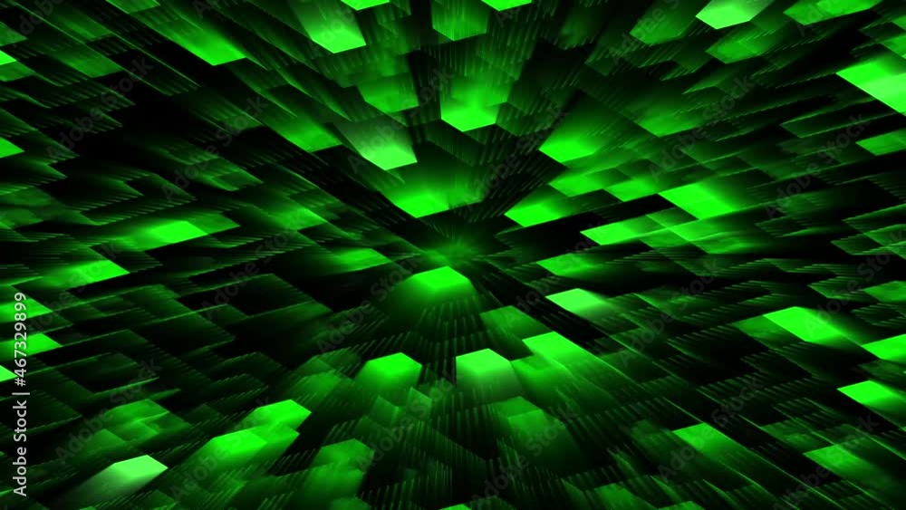 Poster abstract graphic animation in green design - movement of glowing random blocks in changing colors on