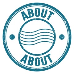 ABOUT text written on blue round postal stamp sign