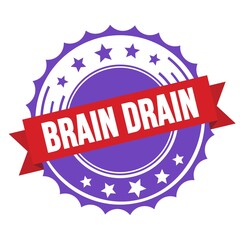 BRAIN DRAIN text on red violet ribbon stamp.