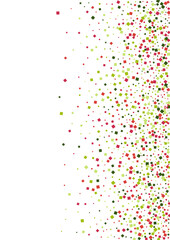 Confetti Red Fete Background. Technical Geometric Illustration. Green Sparkle Square Texture. Dot Decoration Frame.