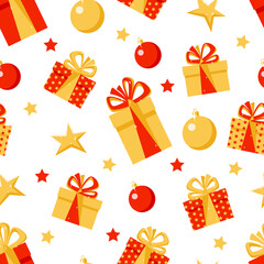 Vector new year or christmas seamless pattern. Gift boxes with bows, golden stars and balls. Holiday flat design for textile , wrapping paper, wallpaper, card, poster, invitation.