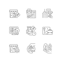 Small business financial support linear icons set. Tax payments deduction. Discounts, grants. Investing. Customizable thin line contour symbols. Isolated vector outline illustrations. Editable stroke