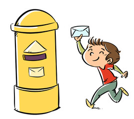 Illustration of a kid with a letter running to the mailbox to deposit It