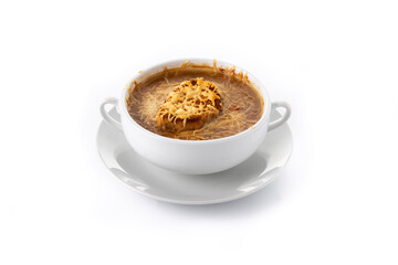 Traditional french onion soup isolated on white background