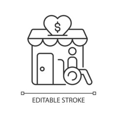 Grants for disabled linear icon. Financial support for disabled people. Money contribution. Thin line customizable illustration. Contour symbol. Vector isolated outline drawing. Editable stroke