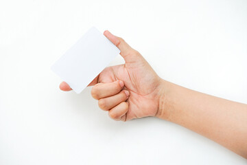 a right hand showing an empty white space on a white background. a mockup that is suitable for business or identity mockup use.