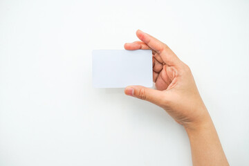 a right hand holding an empty white space on a white background. a mockup that is suitable for business or identity mockup use.