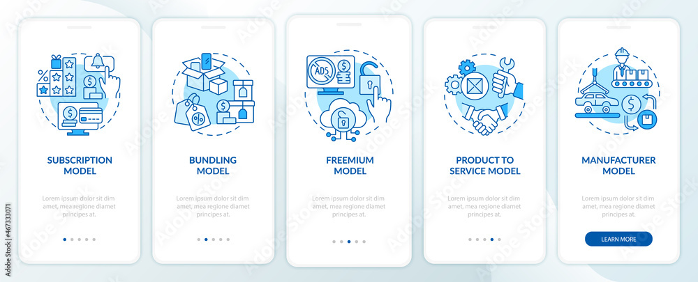 Poster types of business models blue onboarding mobile app page screen. commerce walkthrough 5 steps graphi