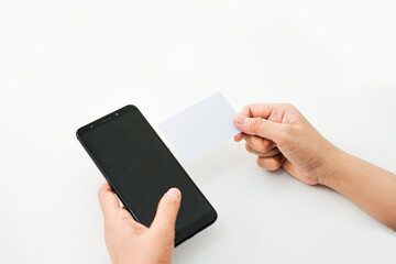 hands are holding a phone in the left and an empty card in the right. a graphic resource for mockup.