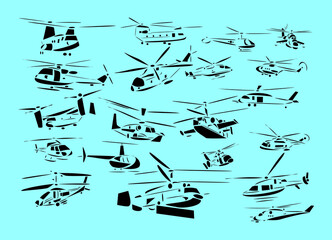 Line-art vector illustrations of helicopters