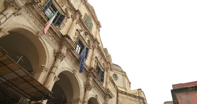 Cagliari church. Church of San Michele in Cagliari.Baroque building with tuff facade with sculptures, reliefs and columns. 