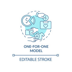 One for one model blue concept icon. Social entrepreneurship. Buy one give one strategy. Business model abstract idea thin line illustration. Vector isolated outline color drawing. Editable stroke