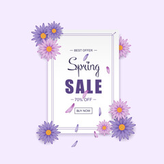 Spring sale banner isolated on violet. Spring sale banner for web site, label, promo card and brochure template. Useful for flyer, ad, poster and placard. Vector illustration