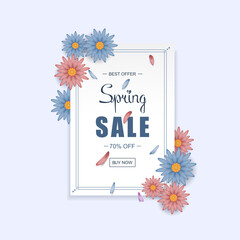 Spring sale banner isolated on violet. Spring sale banner for web site, label, promo card and brochure template. Useful for flyer, ad, poster and placard. Vector illustration