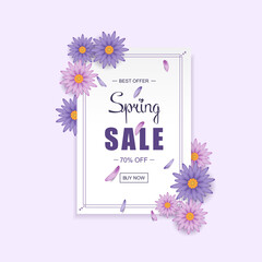 Spring sale banner isolated on violet. Spring sale banner for web site, label, promo card and brochure template. Useful for flyer, ad, poster and placard. Vector illustration
