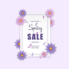 Spring sale banner isolated on violet. Spring sale banner for web site, label, promo card and brochure template. Useful for flyer, ad, poster and placard. Vector illustration
