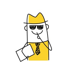 Stick man. Confident information, a secret man in a hat and glasses.