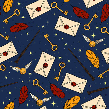 Witch seamless pattern. Elements for witches at school of magic in doodle style on dark background. Minimalistic Christmas or Halloween pattern on dark blue background