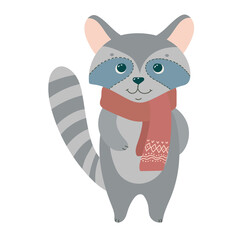 Cute raccoon in a scarf in boho style. Simple decor for a festive Christmas and New Years. Vector illustration isolated on white background.