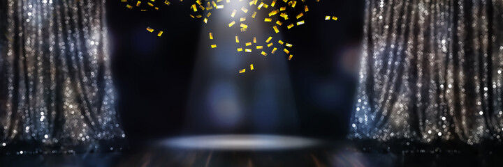 open curtains on festive stage with spotlight and golden confetti rain, award ceremony concept with...