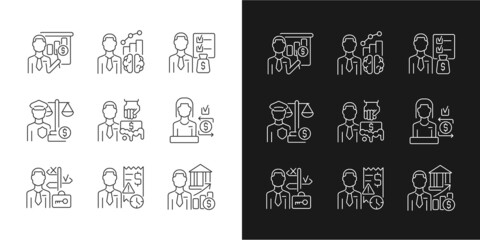 Career in finance field linear icons set for dark and light mode. Business administration. Financial occupation. Customizable thin line symbols. Isolated vector outline illustrations. Editable stroke
