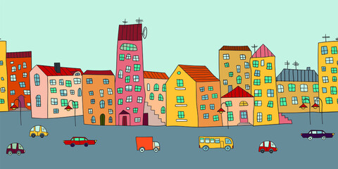 Cute cartoon colored city. Seamless ribbon border. Vector illustration. Wallpaper for child. © yulanaom