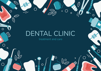 Dentistry banner concept. Dental frame with tools for cleaning and treatment of teeth. Healthy clean tooth, orthodontics, oral cavity care. Flat vector illustration of background, template poster.