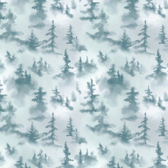 Fototapeta premium Seamless beautiful hand-drawn watercolor illustration. Foggy spruce forest. Mystical atmospheric landscape. Wallpaper design, interior design, photo wallpapers, covers, screensavers, book illustration