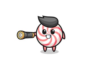 swirl lollipop mascot holding flashlight