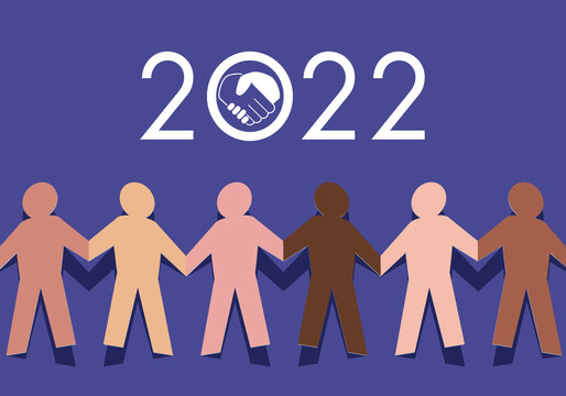 Carte de vœux 2022, sur le concept de la fraternité entre les races, avec le symbole de gens d’origines ethniques différentes, qui se donnent la main pour lutter contre le racisme.