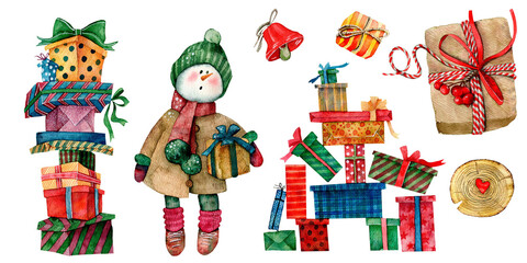 watercolor set with a snowman, gifts, bell on a white background for creating New Year cards, winter holiday textures