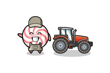 the swirl lollipop farmer mascot standing beside a tractor