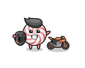 cute swirl lollipop cartoon as a motorcycle racer