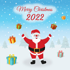 Christmas card 2022 design with Santa Claus and gifts