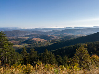 Panoramic view of the landscape with mountains and villages seen from the mountain Zlatibor in Serbia