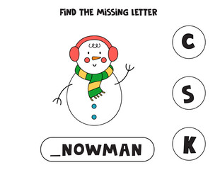 Find missing letter with cartoon snowman. Spelling worksheet.