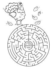 Simple Thanksgiving maze with turkey for kids. Coloring page for kids.