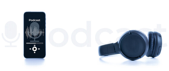 Podcast background. Mobile smartphone screen with podcast application, sound headphones. Audio voice with radio microphone on white. Recording studio or podcasting banner with copy space.