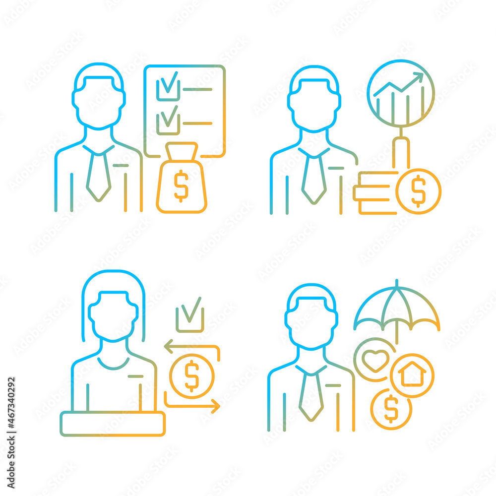 Poster finance consulting gradient linear vector icons set. financial analytics and planning. customer serv