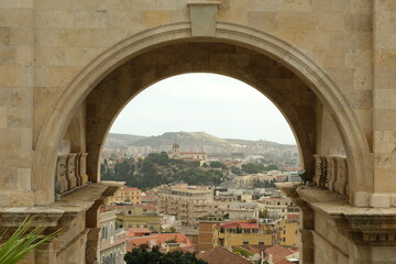 Cagliari. Bastion of Saint Remy in Cagliari.Staircase with triumphal arch made of beige stone in...