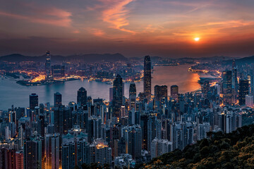 Fototapeta na wymiar Hongkong Panorama während Sonnenaufgang