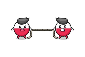 cute poland flag character is playing tug of war game