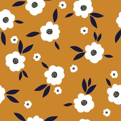 Seamless floral pattern. Fashionable background of white flowers and black leaves. flowers scattered on a terracotta background. Stock vector for printing on surfaces and web design.