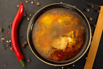 Zeama - moldovan soup. Closeup.