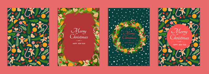 Set of cute Christmas cards. Collection of vector New Year illustrations with fir branches, wreath, gingerbread man, sweets.