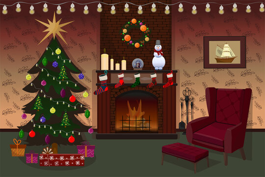 Christmas room interior. Christmas tree, gift and decorations. Living room with fireplace and armchair, decorated for Christmas.