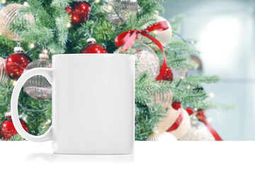 Mug mock up bright Christmas tree decoration background